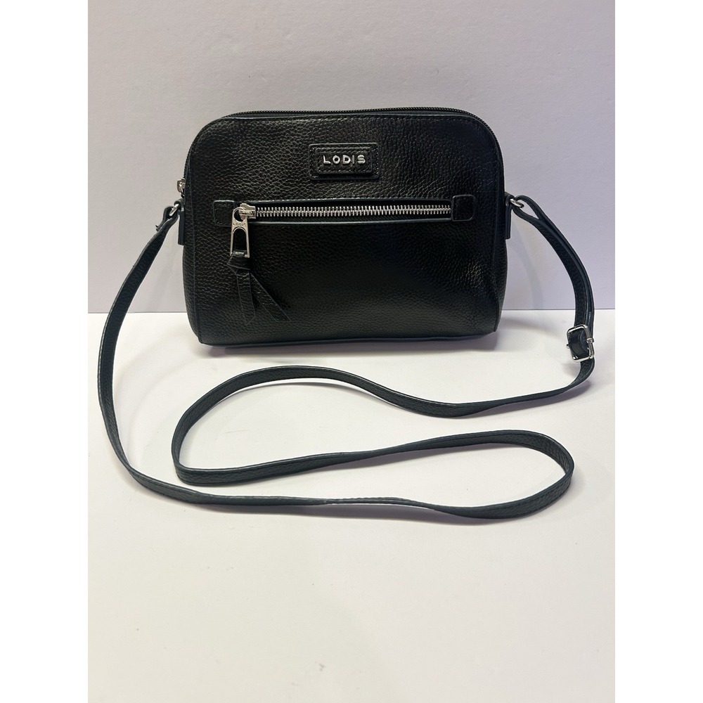 LODIS Black‎ Pebbled Leather Crossbody Shoulder Bag Zip Side Compartment 10"x7"